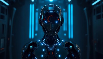 Realistic AI head with glowing eyes connected to data wires