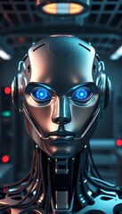 Realistic AI head with glowing eyes connected to data wires