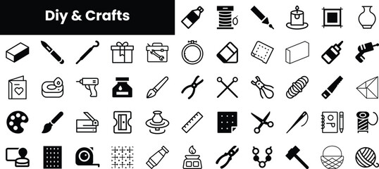 A collection of black and white icons representing DIY and crafts tools, including scissors, glue, paintbrushes, and various other craft supplies arranged neatly.