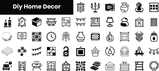 A collection of DIY home decor icons, featuring various decorative elements like candles, vases, and wall art, showcasing creativity and style in home design.