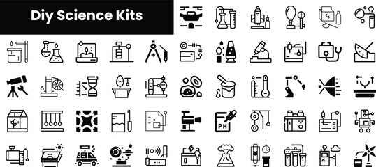 A collection of DIY science kits and tools, featuring various icons like test tubes, microscopes, and projectors, showcasing creativity and exploration in science.