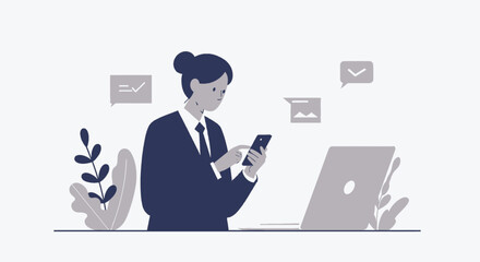 A professional woman in a business suit is engrossed in her smartphone, working remotely, and using a laptop with icons, representing communication and digital technology.