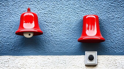 Two Red Bells and Doorbell on Blue Wall