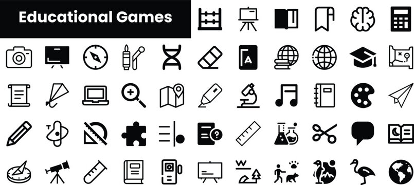 A collection of educational game icons featuring various symbols like books, globes, and tools, designed to enhance learning and creativity for all ages.