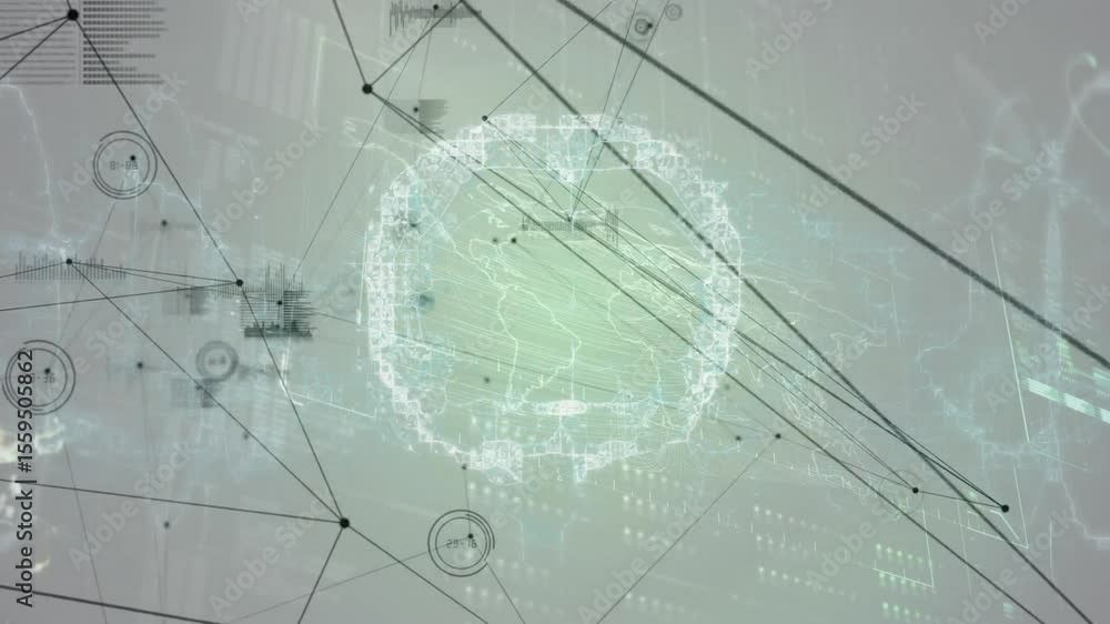 Poster globe outline emerging triggers nodes popping and lines animating visualizing data dials and charts