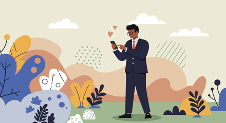 A stylish man in a suit is engrossed in his smartphone, with hearts floating above, in a colorful, whimsical, and modern illustration with a natural background.