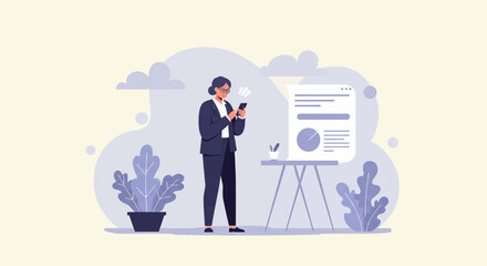 A businesswoman in a navy suit uses her phone near a presentation board, showcasing modern technology and business communication in a clean, illustrated style.