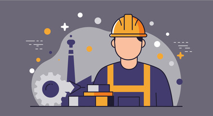 An illustration of a construction worker in a hard hat, standing in front of an industrial plant, symbolizing industry, labor, and engineering.