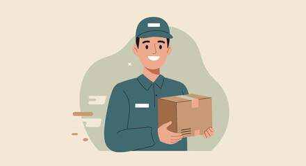 Friendly delivery man in uniform holding a package, smiling confidently against a minimalist backdrop, representing logistics and service.