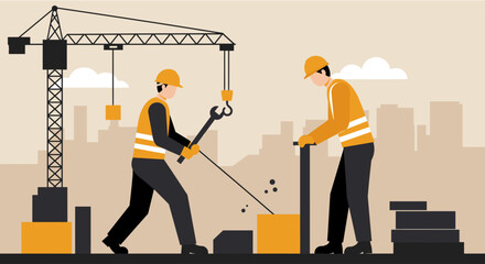Two construction workers are depicted in an illustrative style, wearing safety vests and helmets, working on a building site with a crane and cityscape in the background.