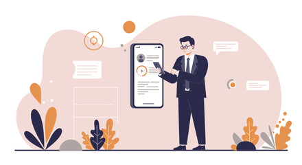 A businessman in a suit interacts with a modern smartphone application, set against a backdrop of stylized plants and abstract design elements, conveying digital connectivity.