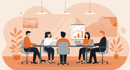 a group of people seated around a table in a meeting room, with one person presenting a graph on a flip chart. Suitable for landing page, banner, marketing, web design, presentation, infographic, etc.