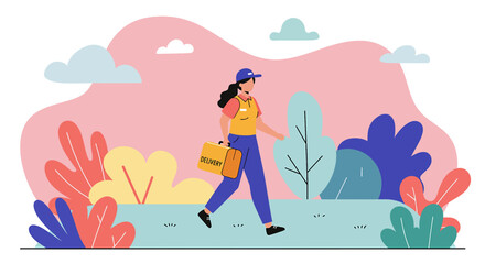 a delivery person walking through a colorful, stylized landscape with plants and clouds in the background. Suitable for landing page, banner, marketing, web design, presentation, infographic, etc.
