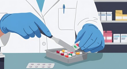 World Pharmacy Day Pharmacist Preparing Medication Dispensing Pills and Tablets in Pharmacy