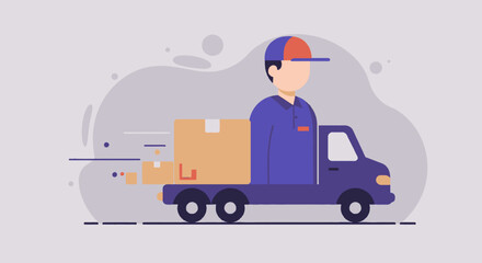 A delivery person drives a truck carrying packages, illustrating logistics, shipping, and transportation services for online shopping and e-commerce businesses in a modern, vector-style illustration.