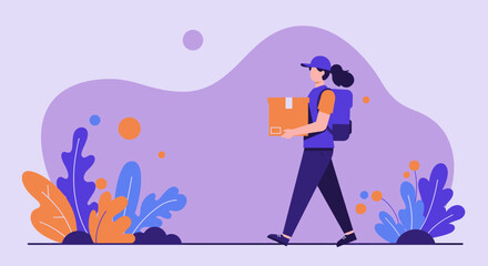 A delivery woman in a cap and backpack is walking with a package in her hands on a purple abstract background with colorful leaves and circles.