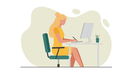 a woman seated at a desk, engrossed in work on a computer, with a cup of pens and pencils beside her. Suitable for landing page, banner, marketing, web design, presentation, infographic, etc.
