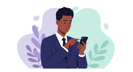 a man in a suit is looking at his phone