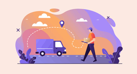 A modern flat illustration depicts a delivery person walking with a package next to a purple delivery truck, symbolizing efficient logistics and online order fulfillment.
