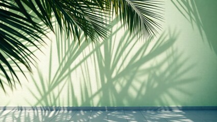 Fototapeta premium Palm fronds cast shadows on a light green wall, creating a tropical, minimalist aesthetic.