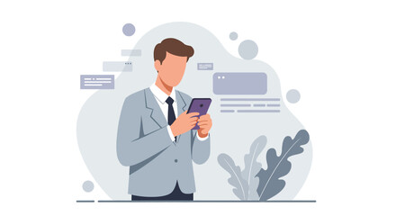 A businessman in a gray suit is attentively using his smartphone, checking messages and notifications, in a minimalist, modern design style, suitable for business, technology, or communication