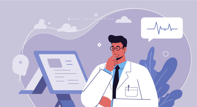 A thoughtful doctor in a white coat reviews medical data on a tablet, pondering a diagnosis with a heartbeat graphic in a speech bubble.