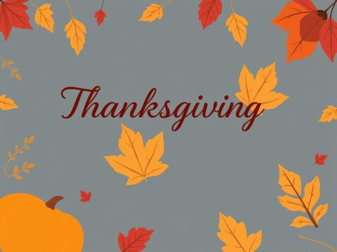 A thanksgiving themed image with orange pumpkin and various autumn leaves on a gray background
