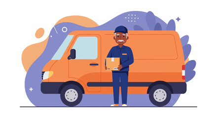 An African American delivery driver stands next to an orange delivery van, holding a package ready to deliver to a customer, showcasing efficient service.