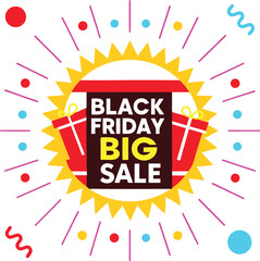 Black friday big sale announcement with gift boxes and festive confetti bursting outward on a white background