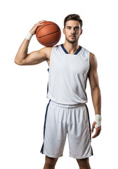 Fototapeta premium Athlete holding basketball on his shoulder looking forward on transparent background