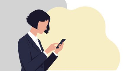 a woman in a business suit using a smartphone, with a light background. Suitable for landing page, banner, marketing, web design, presentation, infographic, etc.