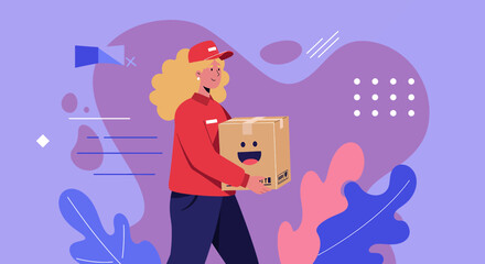 A cheerful female courier in a red uniform carries a package with a smiling face, representing fast and friendly delivery services against a modern abstract background.