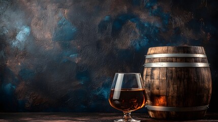 Aged Brandy in Snifter Glass Near Wooden Barrel
