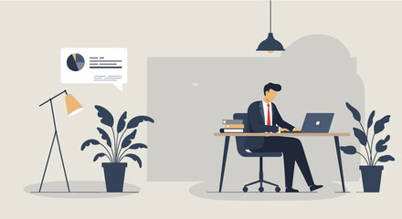 a man in a suit seated at a desk, working on a laptop, with a plant to his left and a lamp to his right. Suitable for landing page, banner, marketing, web design, presentation, infographic, etc.