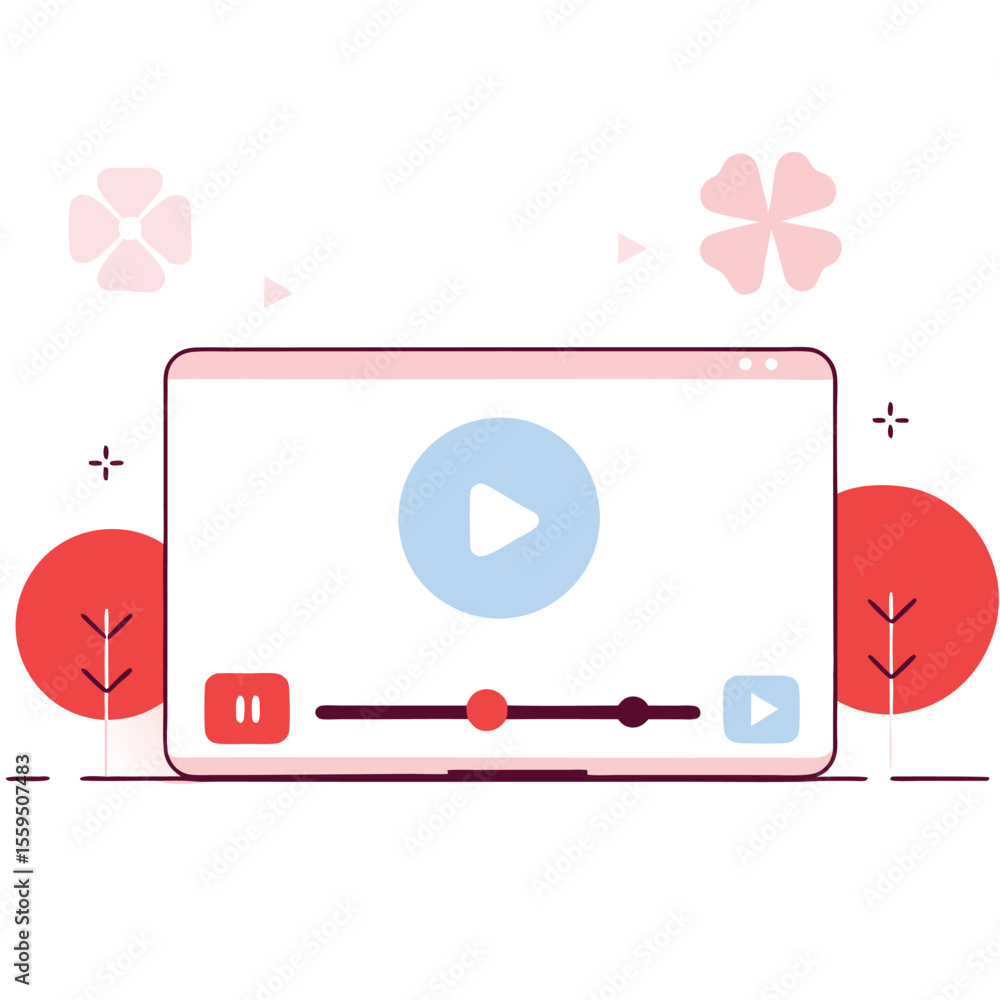 Poster digital media player interface with play pause and progress bar on screen