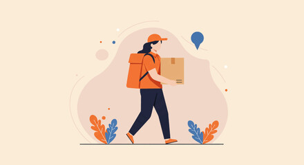 A delivery person, wearing an orange cap and backpack, carries a cardboard box, walking against a soft, abstract background, representing fast and efficient shipping.