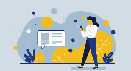 a woman standing outdoors, engrossed in her smartphone, which is displayed in the background. Suitable for landing page, banner, marketing, web design, presentation, infographic, etc.