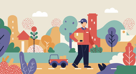 a delivery person in a red jacket and blue cap walking with a cardboard box. Suitable for landing page, banner, marketing, web design, presentation, infographic, etc.
