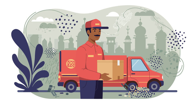 A delivery man in a red uniform carries a package in front of a delivery truck with a city skyline in the background, showcasing efficient service.