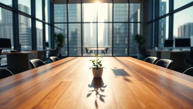 Bright, modern office space featuring a long wooden conference table with a small plant, overlooking a cityscape.