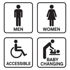 Washroom signs. Restroom or toilet door sign set containing gents, ladies, disabled, baby changing