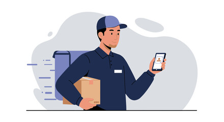 A professional delivery driver with a package and mobile phone, illustrating efficient logistics and modern courier services.