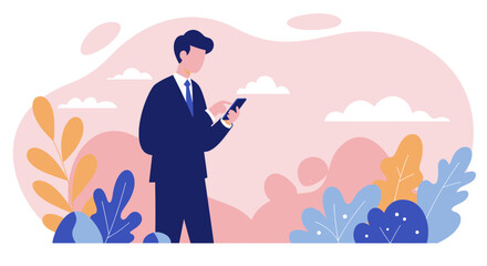 a man in a suit is looking at his phone