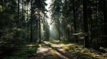 Fototapeta premium Explore the serene forest path sunlight through trees nature photography landscape