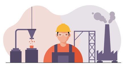 An illustrated factory worker wearing a hard hat and glasses stands in front of industrial equipment and a smokestack, representing the industry.