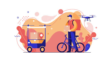 Fototapeta premium a delivery person standing next to a bicycle, holding a package, with a drone flying overhead. Suitable for landing page, banner, marketing, web design, presentation, infographic, etc.