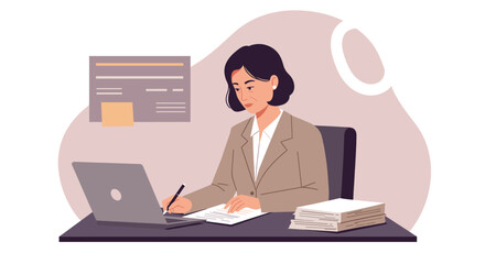 Focused businesswoman diligently working at her desk, writing notes and using a laptop in a modern office setting.