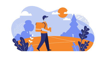 A stylized vector illustration depicts a lone traveler with a backpack walking through a colorful landscape with trees, bushes, and a bright sun, evoking a sense of adventure.