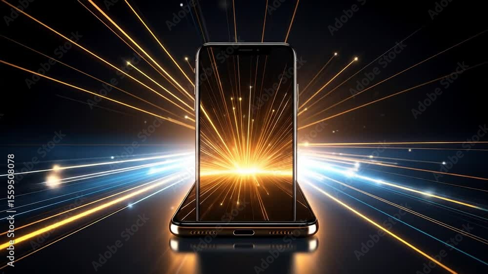 Poster abstract smartphone glowing with light trails in a futuristic and technological design