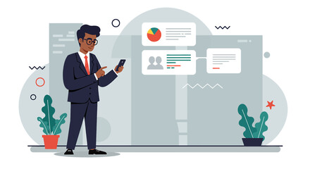 a man in a suit standing next to a wall with a phone